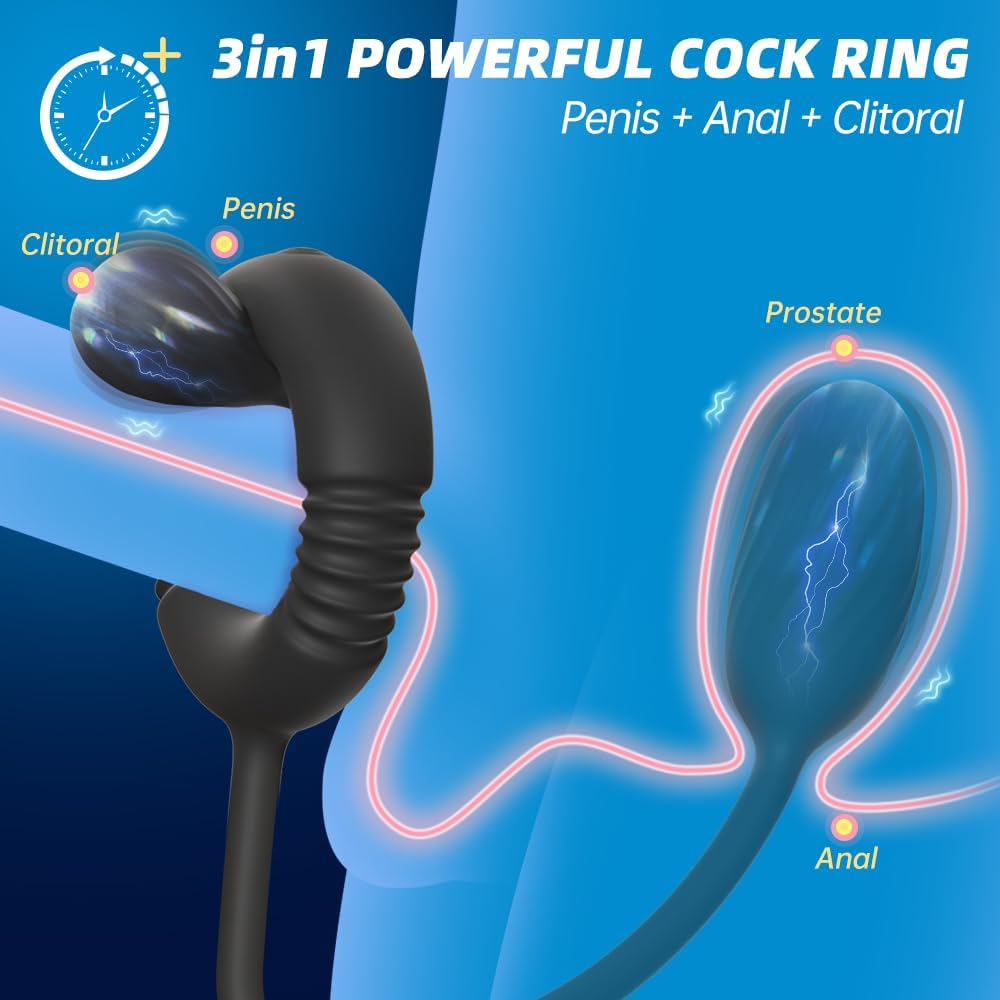 3 IN 1 Cock Ring Prostate Massager Anal Vibrator Butt Plug with 10 Vibrations Modes