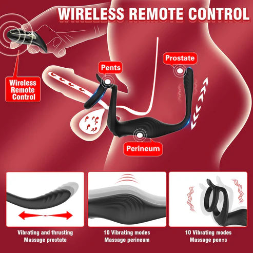 Anal Vibrator Penis Ring Prostate Massager Butt Plug with 9 Vibrating & Thrusting Modes