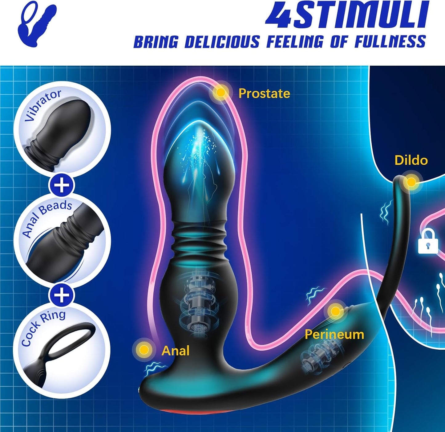 3 IN 1 Prostate Massager Anal Vibrator Penis Ring with 7 Thrusting & 7 Vibrating Modes