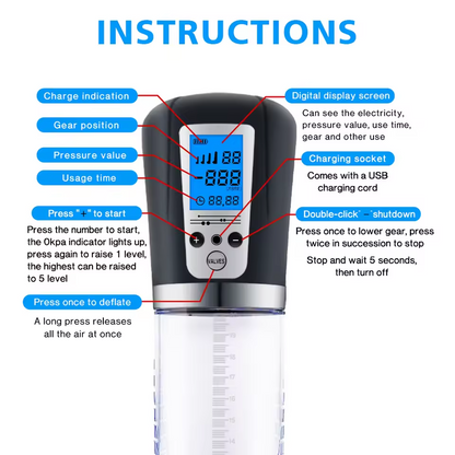 LED Digital Screen Electric Penis Pump Vacuum Extender with 4 Pressure Levels