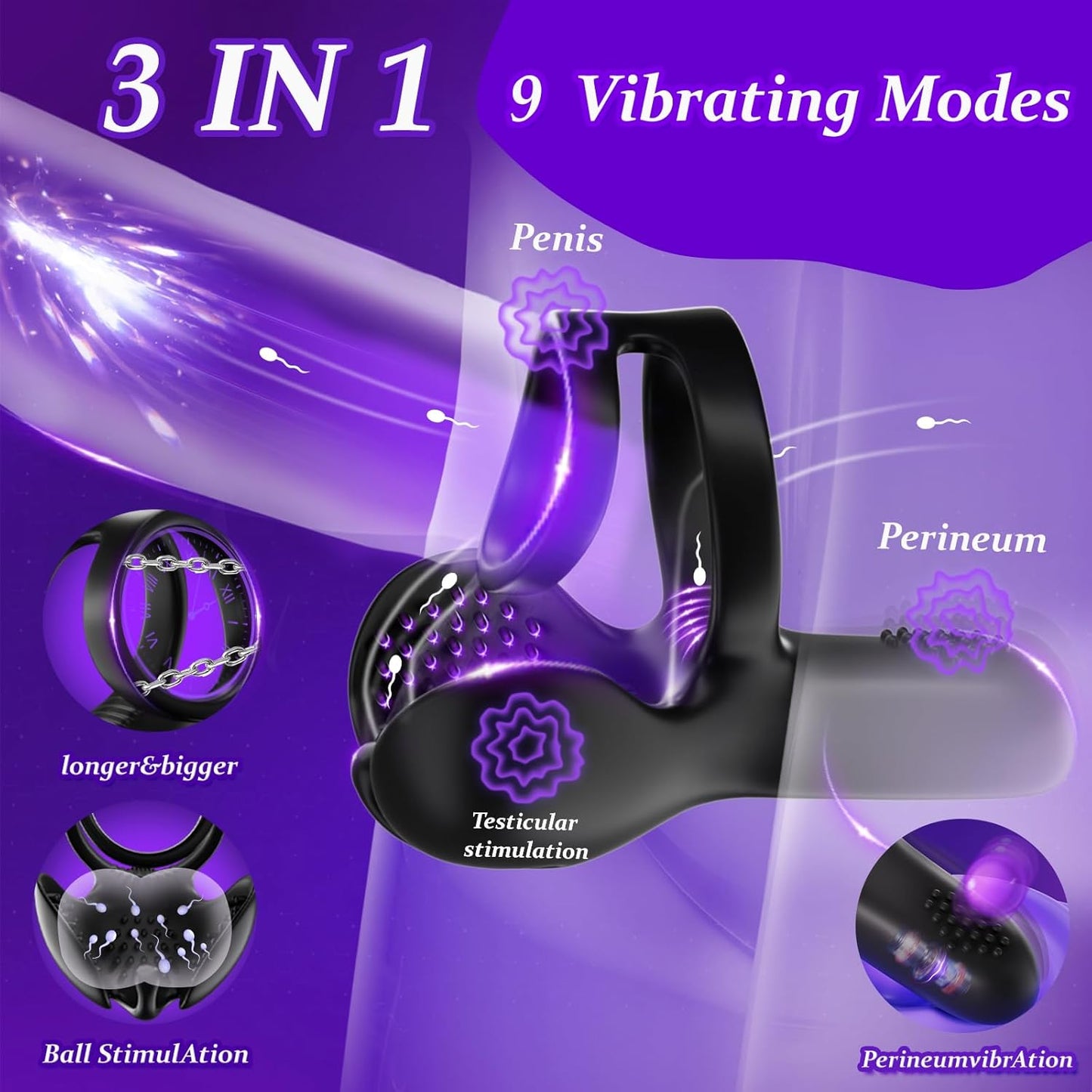 Multizone Stimulation Testicle Stimulator Penis Trainer Cock Ring with 10 Vibration Modes