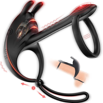 Dual Penis Ring Rabbit Vibrator Testicle Trainer Vibrator with 7 Vibration Modes