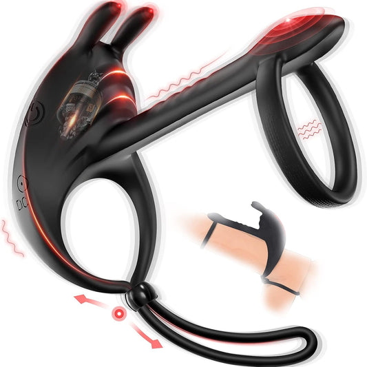 Dual Penis Ring Rabbit Vibrator Testicle Trainer Vibrator with 7 Vibration Modes
