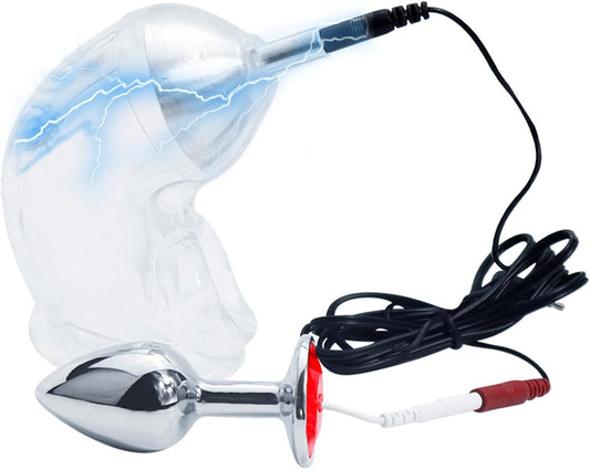 E-stim Metal Anal Plug Vibrator Penis Sleeve Cock Cage Chastity Device Set