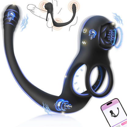 4 IN 1 Rose Cock Ring Penis Vibrator Prostate Massager Anal Plug with 10 Vibration Levels