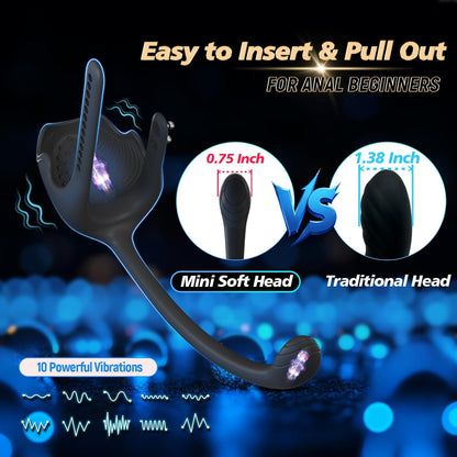 3 IN 1 Anal Plug Vibrator Testicle Taint Stimulator Cock Ring with 10 Vibrations