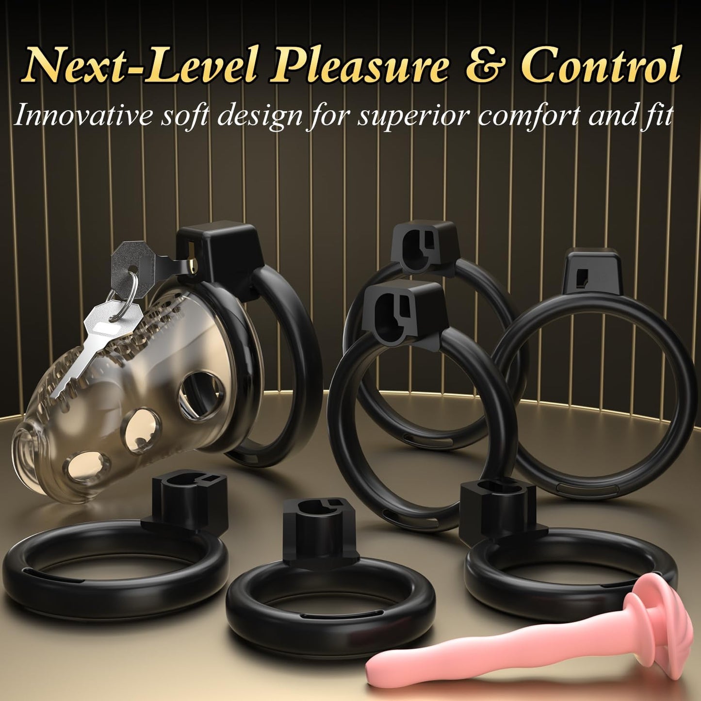 Adjustable Chastity Penis Cage Bondage Gear Device with 6 Sizes Rings
