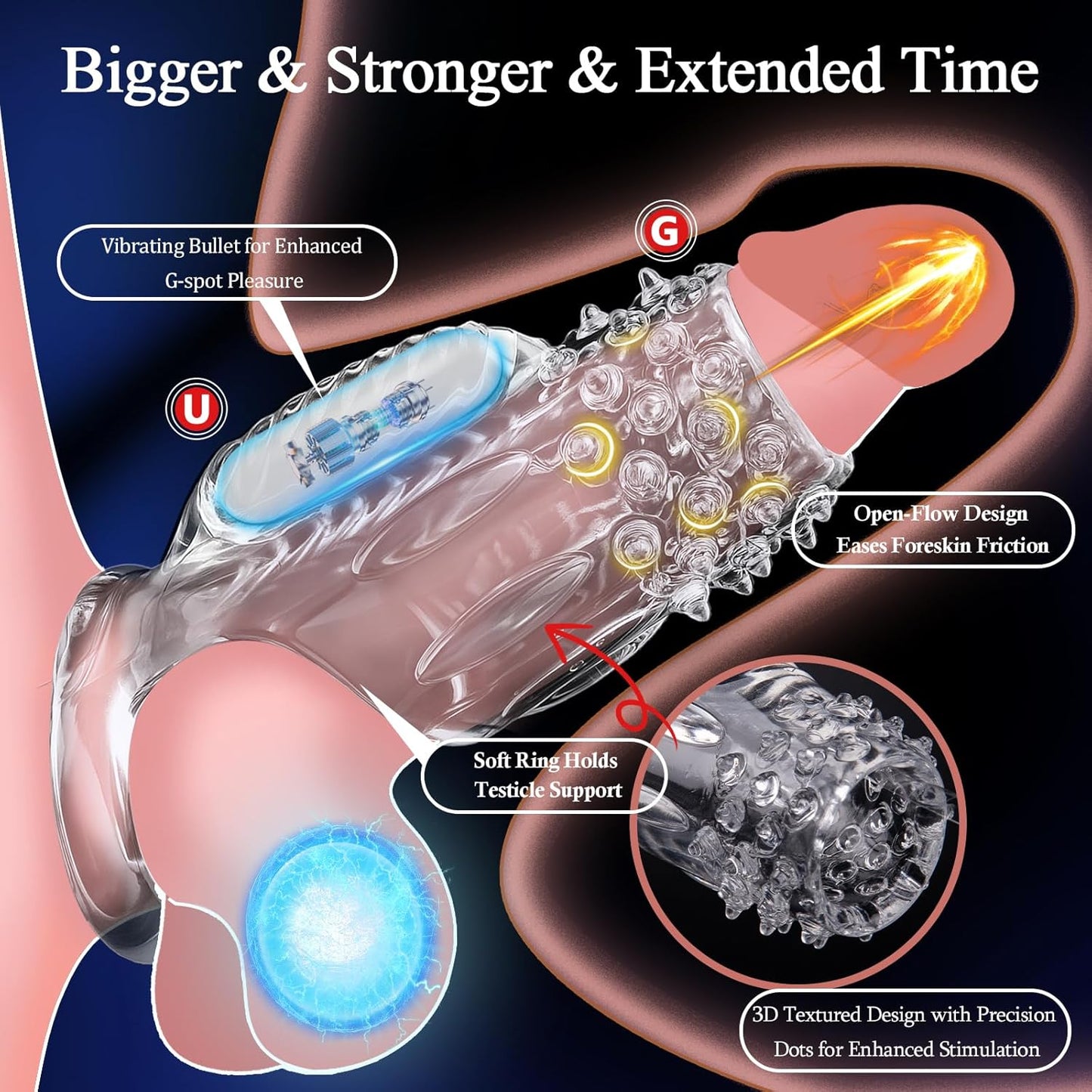 Transparent Penis Sleeve Vibrator Cock Ring Enlargement with 10 Vibration Modes