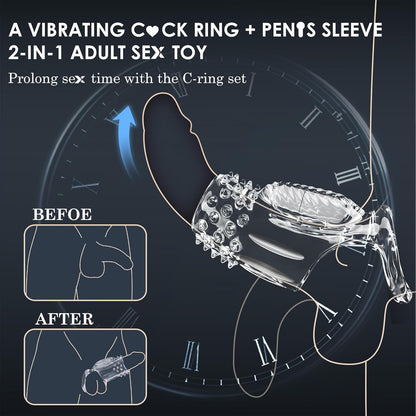 Transparent Penis Sleeve Vibrator Cock Ring Enlargement with 10 Vibration Modes