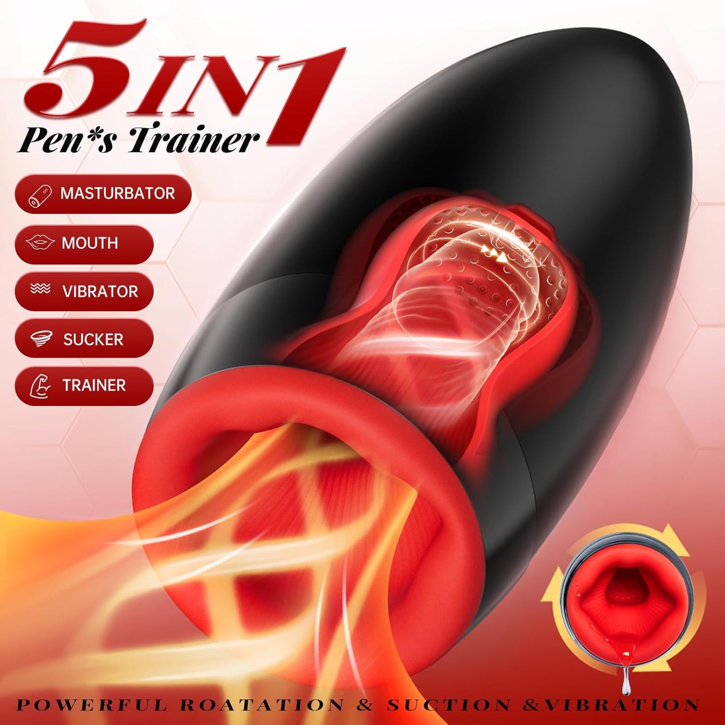 Oral Glans Trainer Penis Stroker Blowjob with 10 Vibrations & 5 Rotation & 3 Suction