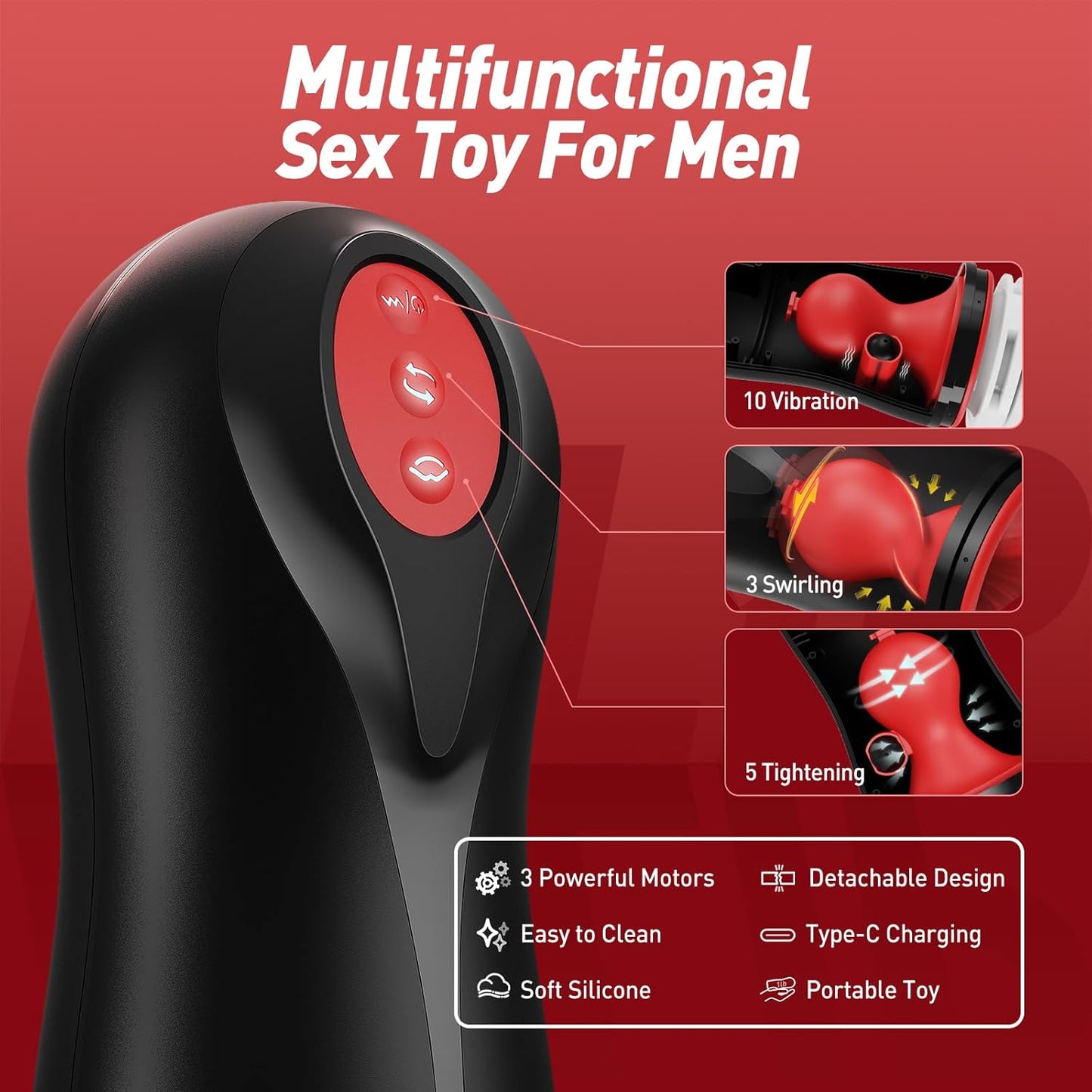 Auto Masturbator Penis Vibrator Glans Trainer with 3 Swirling 5 Tightening 10 Vibration Modes