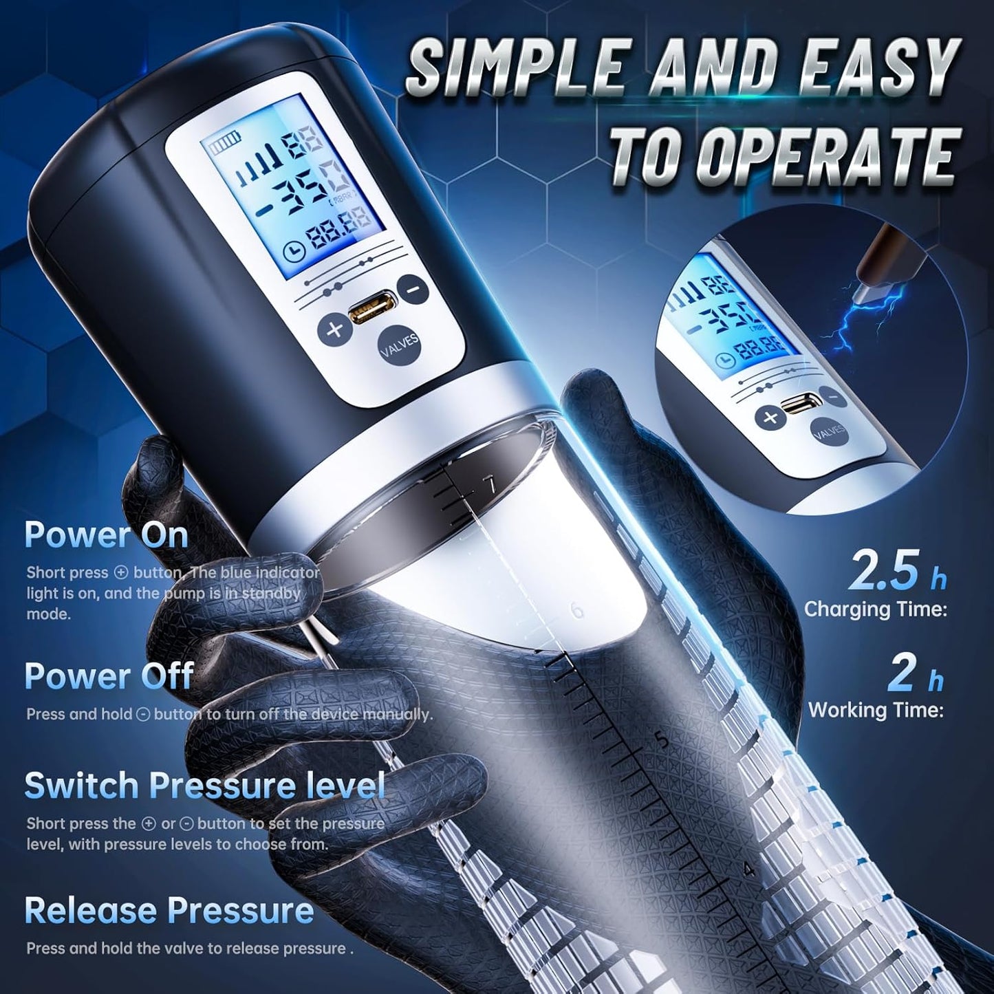 LED Digital Screen Electric Penis Pump Vacuum Extender with 4 Pressure Levels
