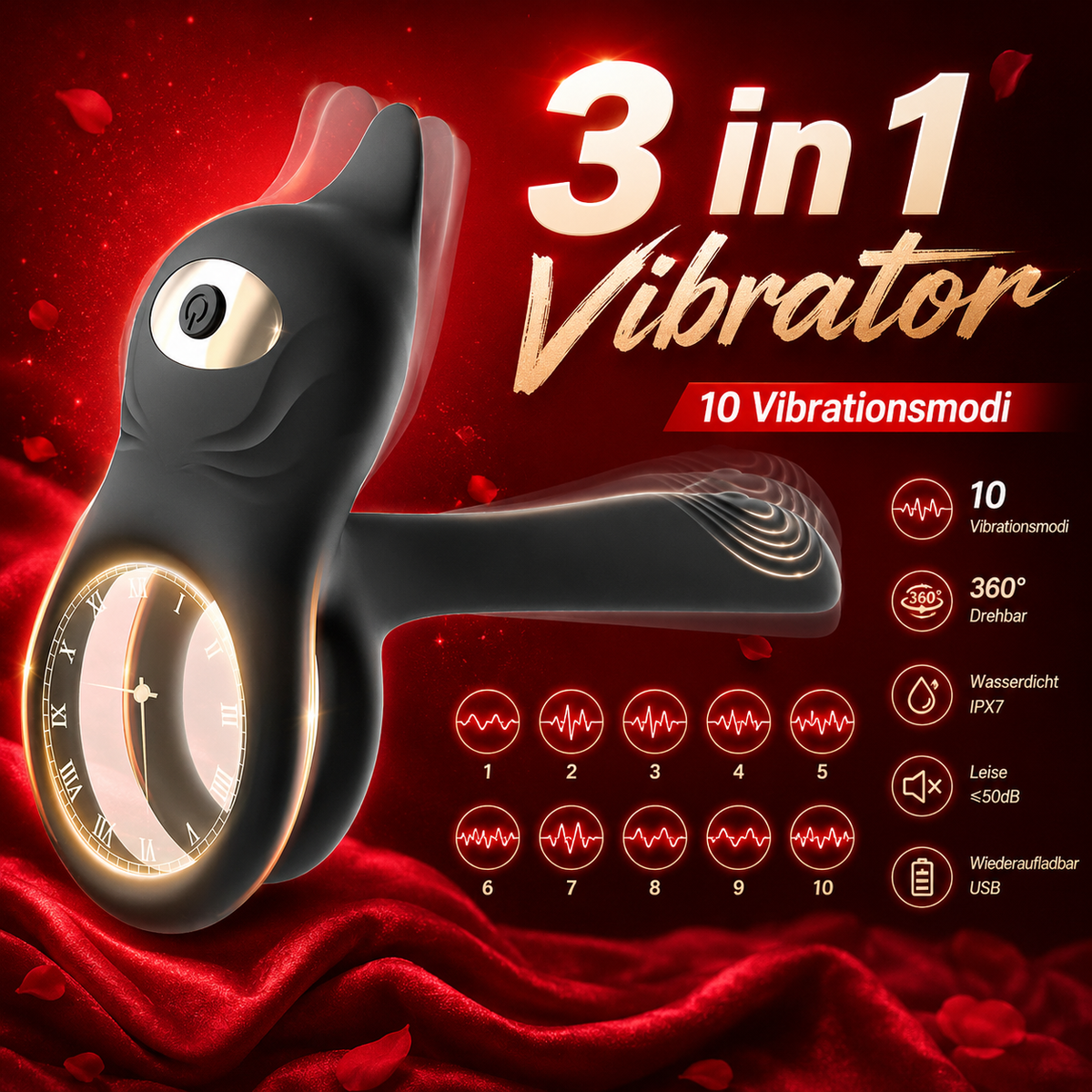 3 IN 1 Dual-Ring Penis Vibrator & Clitoral Stimulator Cock Ring with 10 Modes