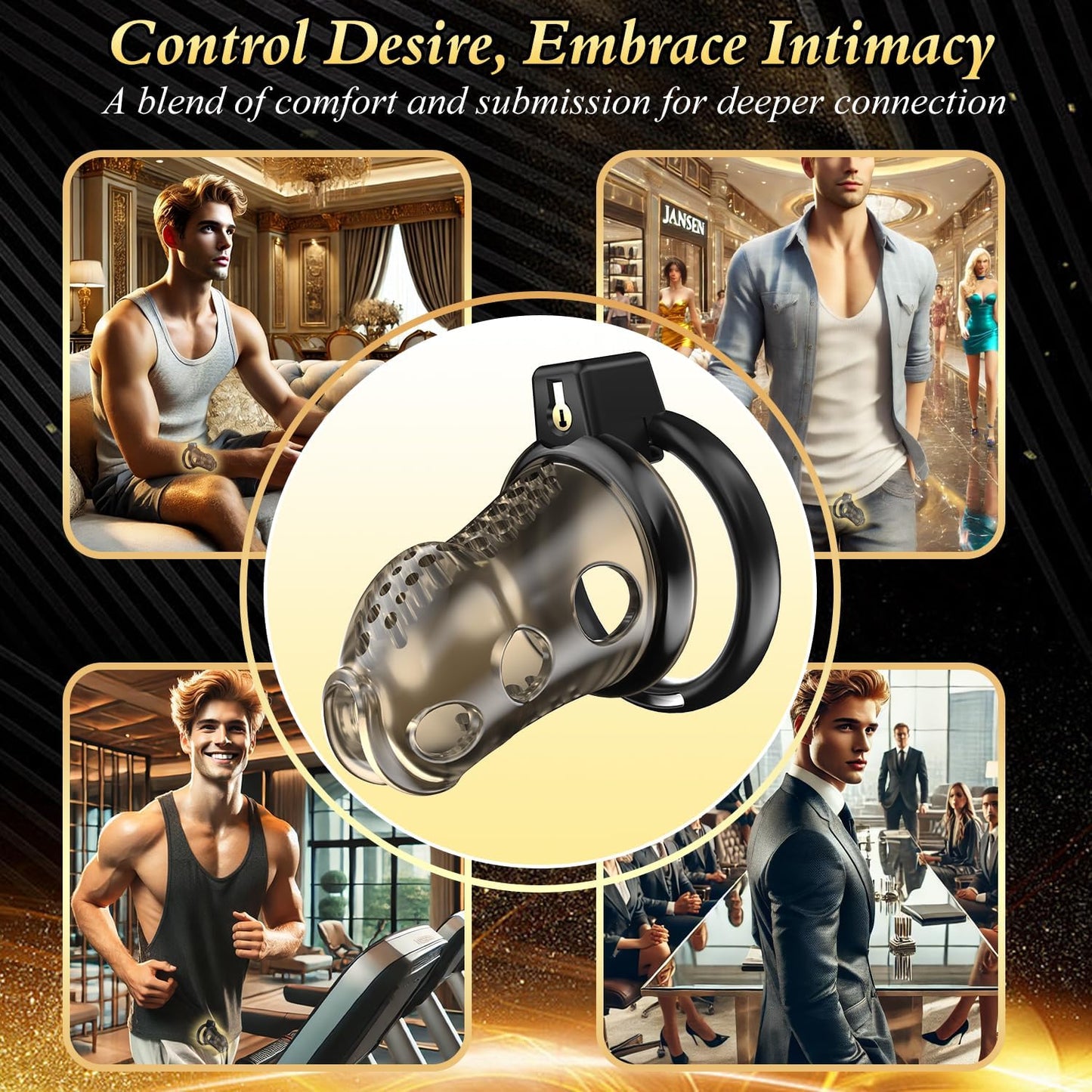 Adjustable Chastity Penis Cage Bondage Gear Device with 6 Sizes Rings