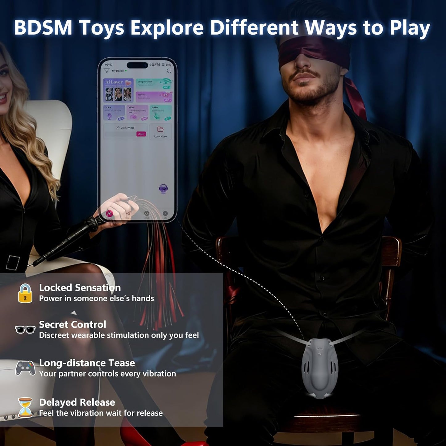 Portable Penis Cage Chastity Belt BDSM Protection Testicle Trainer with with 9 Modes & APP Control