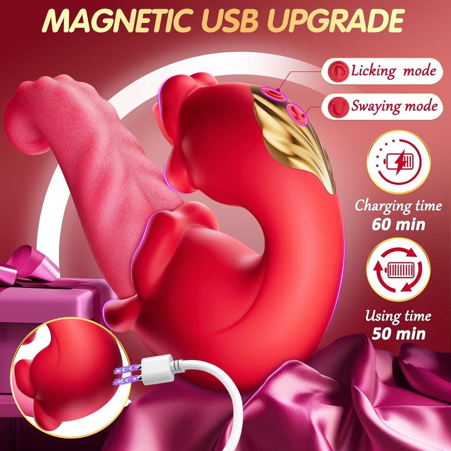 4 IN 1  Rose Vibrator G Spot Clit Stimulator with 10 Licking Clitoral & 10 Vibration Modes
