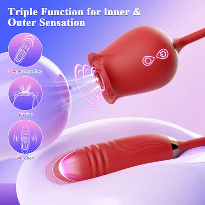 4 IN 1 Clitoris Rose Vibrator Stimulator Dildo Anal Plug with 10 Sucking & 10 Thrusting Modes