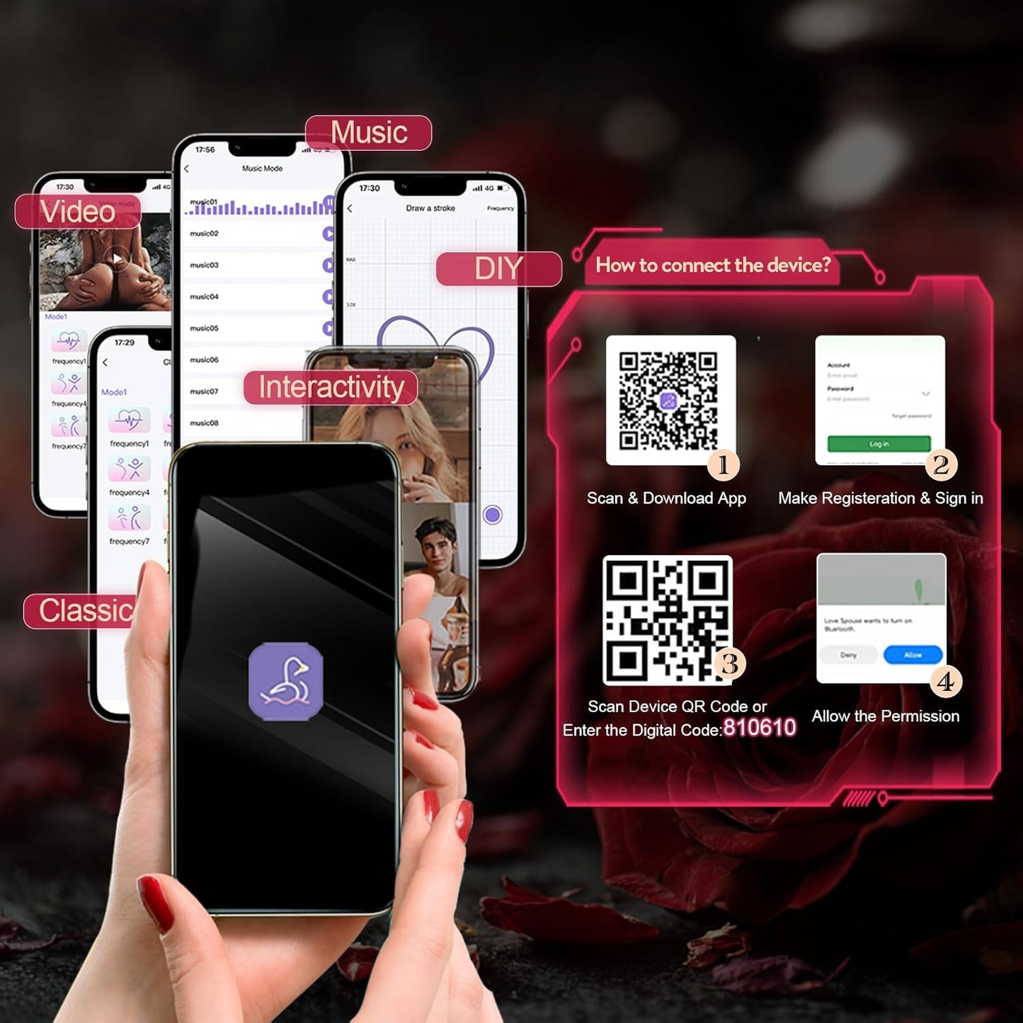 Remote Control & App Portable Rose Vibrator Clitoral Vibrator with 10 Vibration Modes